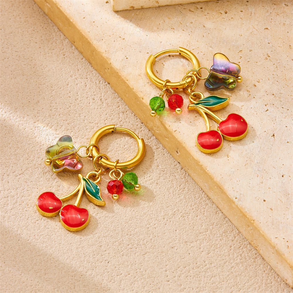 Sweet Stainless Steel Drip Oil Plated Butterfly Fruit Drop Earrings