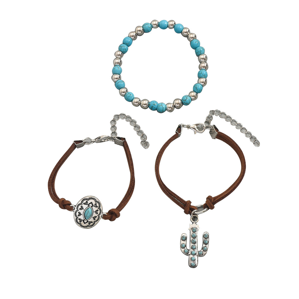 Vintage Cactus-Shaped Zinc Alloy Bracelet Set with Turquoise Inlay for Women
