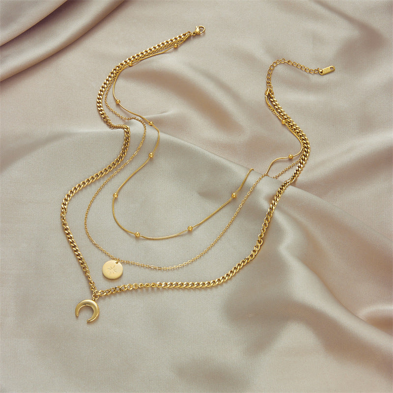 Vintage Star and Moon Pendant Necklace in Stainless Steel with Gold Plating for Women