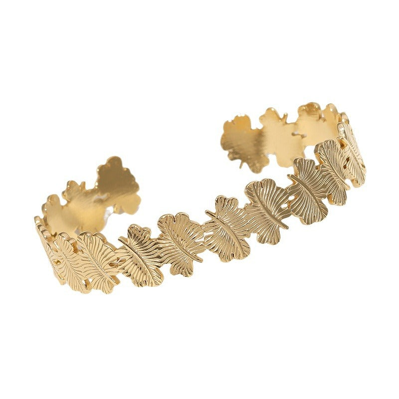 Pulsera de Acero Titanio Minimalista Natural con Forma de Hoja con Baño de Oro para Mujer