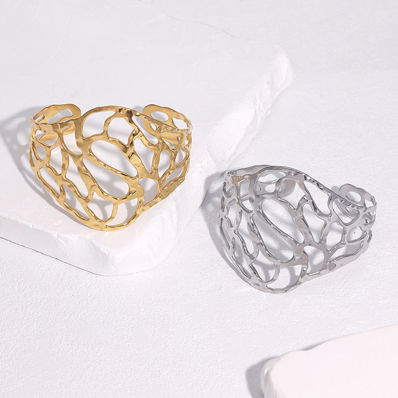 Elegant Minimalist Geometric Gold Plated Stainless Steel Wide Cuff Bracelet for Women