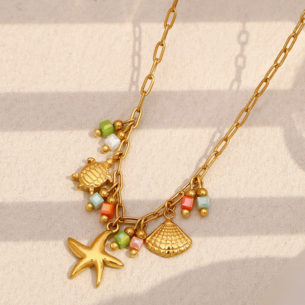 Minimalist Geometric Stainless Steel Plated 18K Gold Beach-Themed Ocean Pendant Necklace for Women with Shell Inlay
