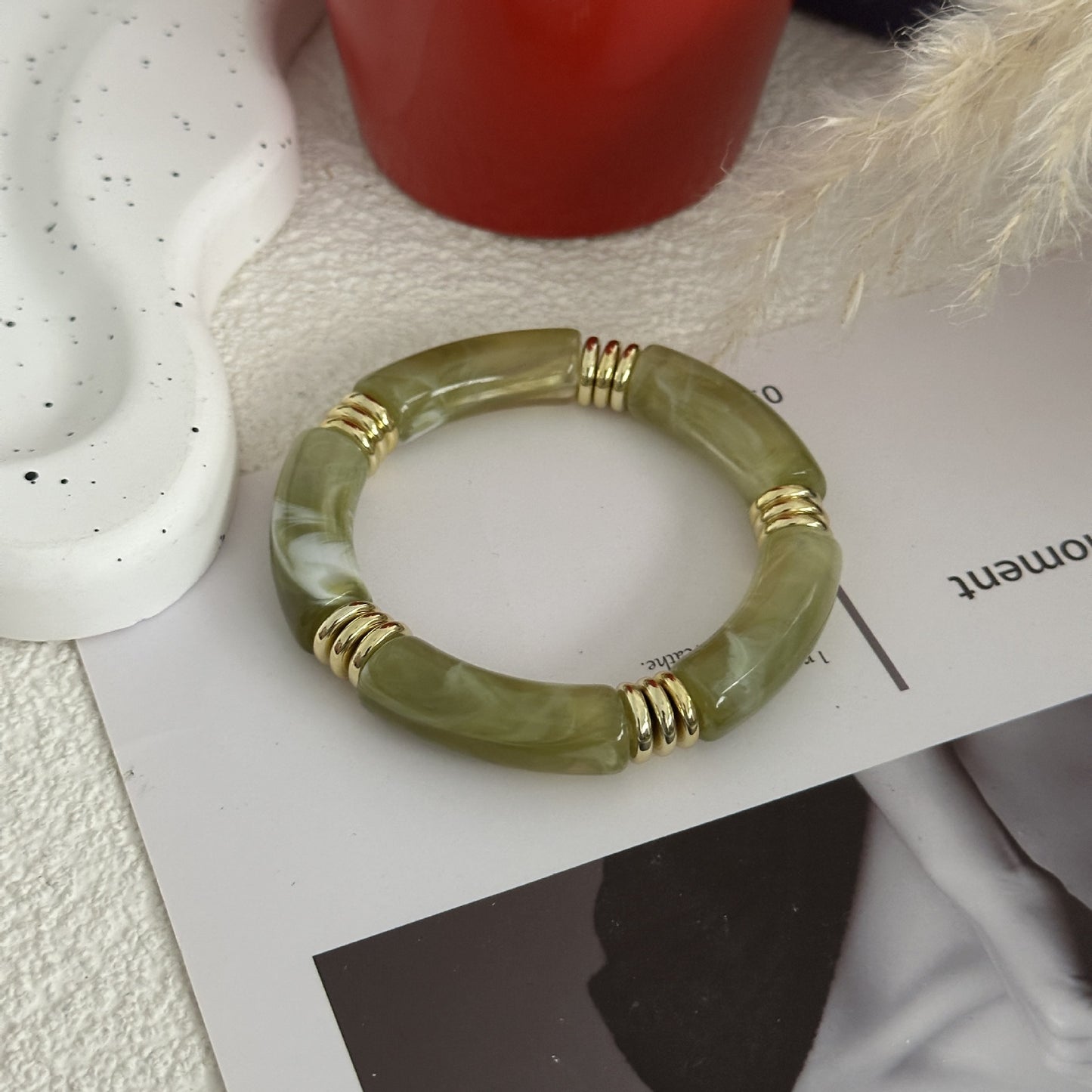 Minimalist Vintage Geometric Drip Oil Acrylic Bamboo Joint Cuff Bracelet Set
