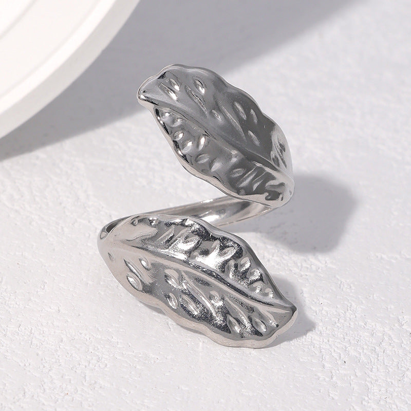 Minimalist Leaf-Shaped Stainless Steel Open Ring with Plating Finish for Women