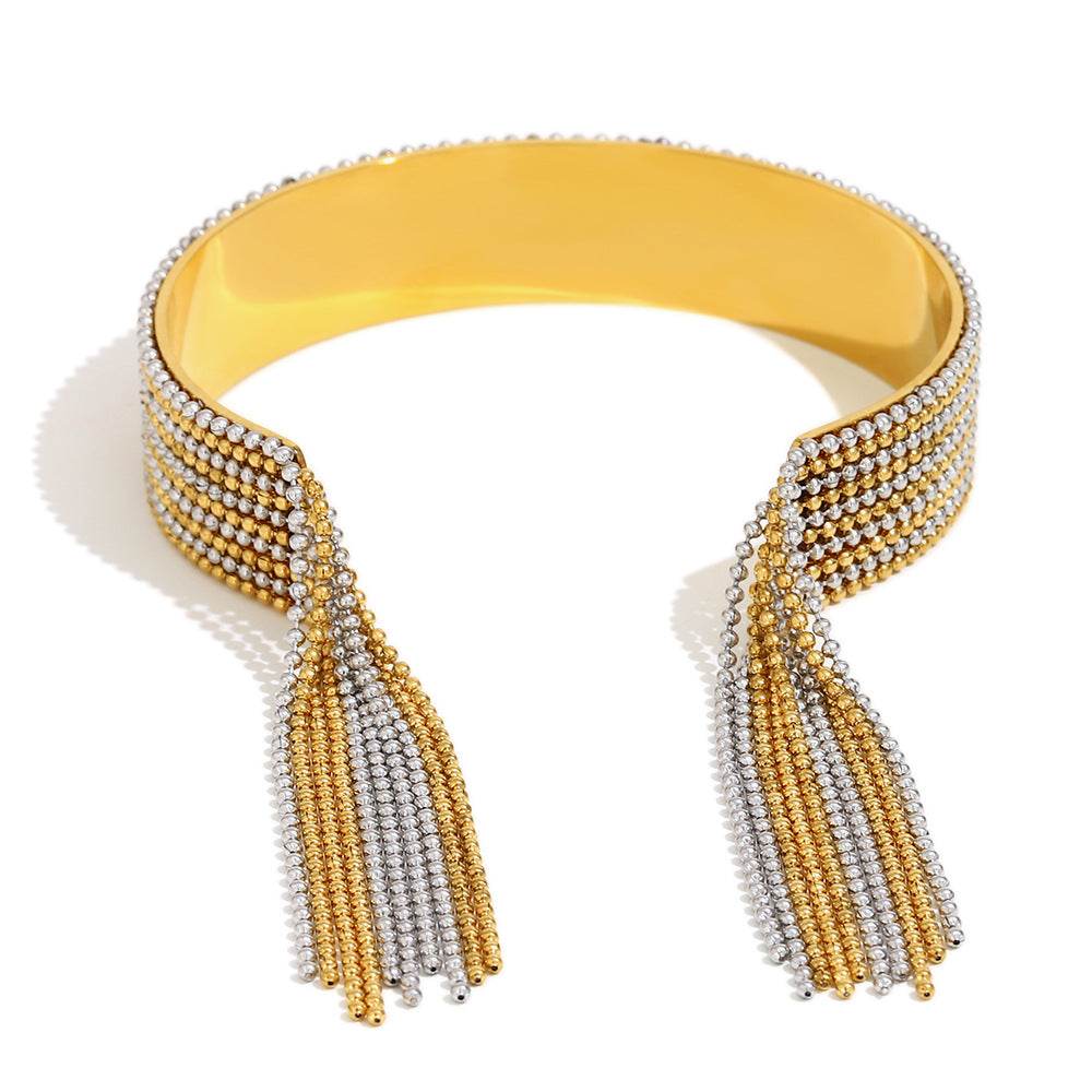 Minimalist Geometric Stainless Steel Plated 18K Gold Beaded Tassel Wide Cuff Bracelet for Women