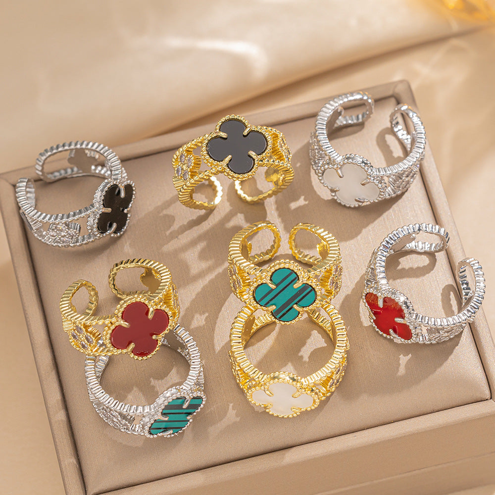 Minimalist Clover-Shaped Zirconia Ring in Gold-Plated Copper with Adjustable Band for Women