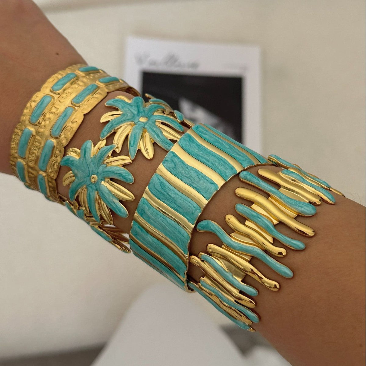 Vintage Geometric Leaf Flower Heart Star Drip Oil Stainless Steel Open Cuff Bracelet for Women