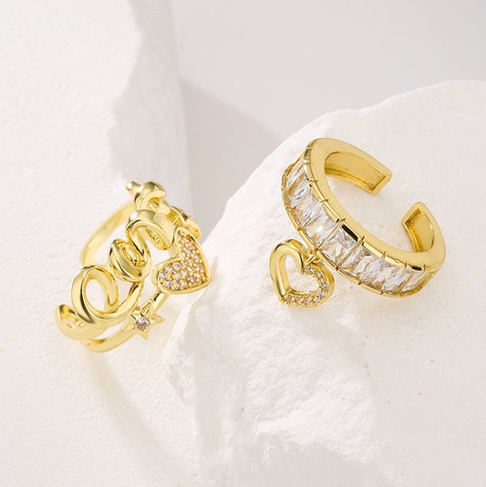 Minimalist Geometric Open Ring for Women Made of Brass with Real Gold Plating and Micro-Pavé Zirconia