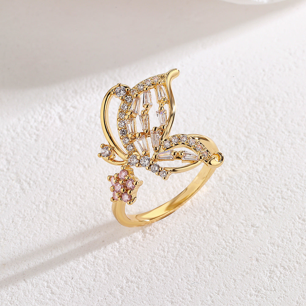 Geometric Butterfly Open Ring for Women in Copper with 18K Gold Plating and Zircon Inlay