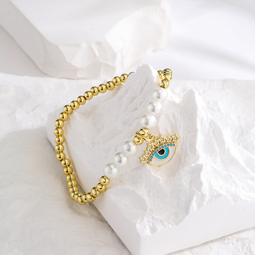 Minimalist Geometric Evil Eye Bracelet for Women with Copper Base Plated in 18K Gold and Enamel-Set Zirconia
