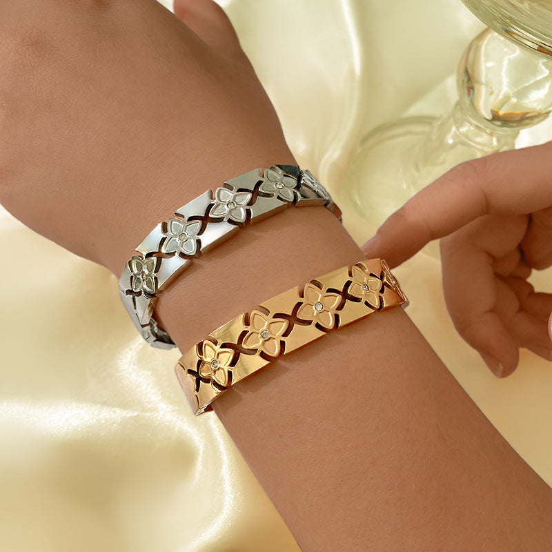 Vintage Geometric Floral Hollow Plated Titanium Steel Bracelet for Women