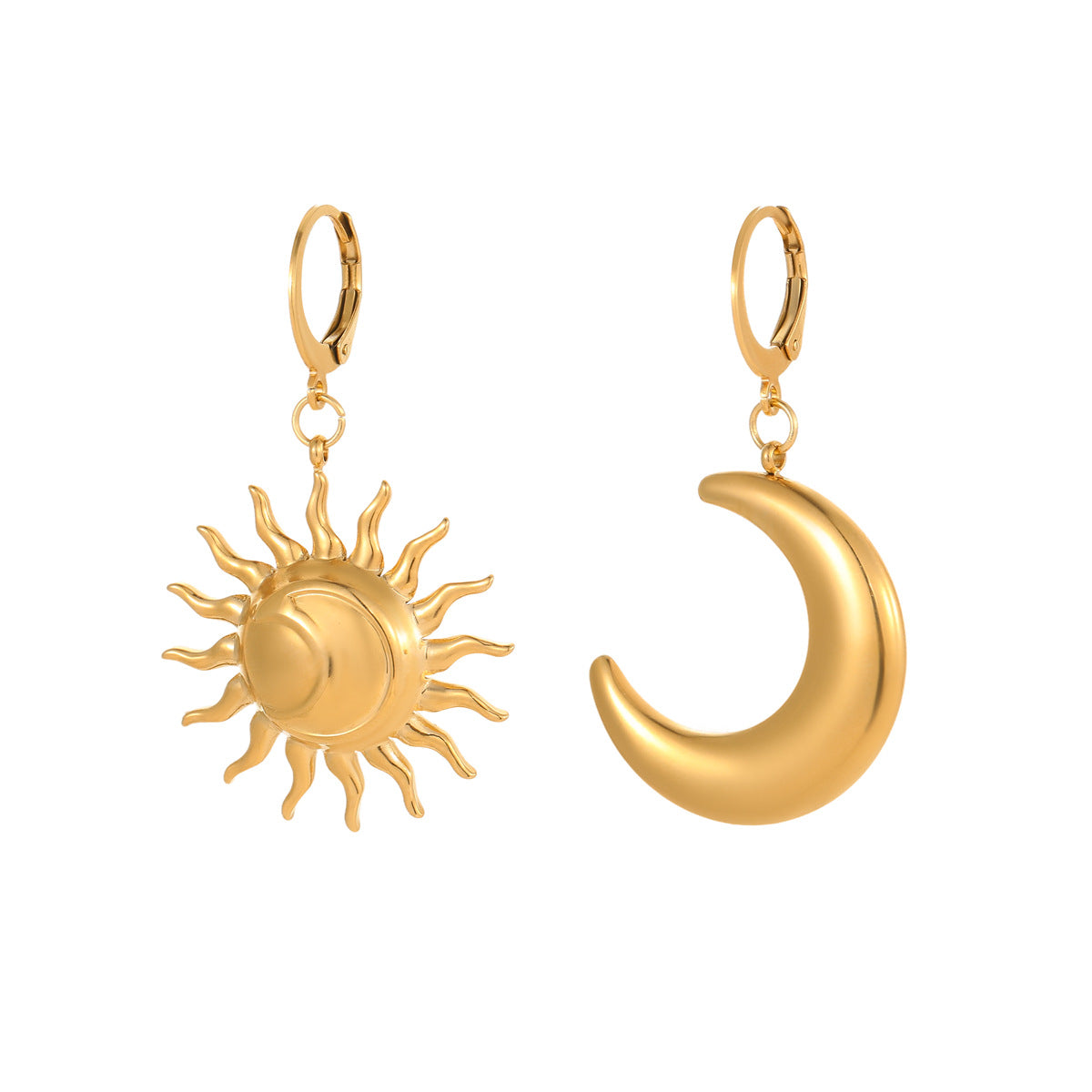 Pendientes de Luna y Sol Geométricos Estilo Francés Vintage en Acero Titanio con Baño de Oro de 18K para Mujer