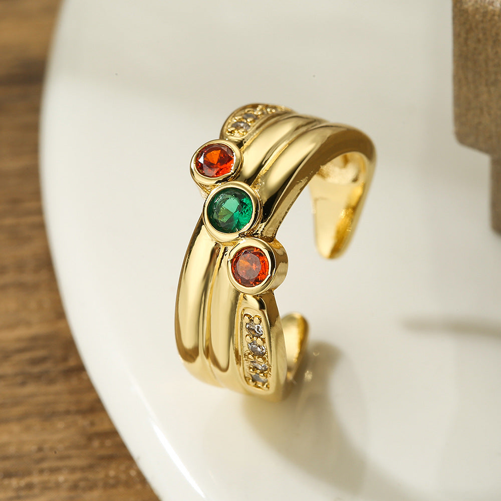 Minimalist Geometric Copper Ring with Real Gold Plating and Zircon Inlay for Women Adjustable Fashion Ring