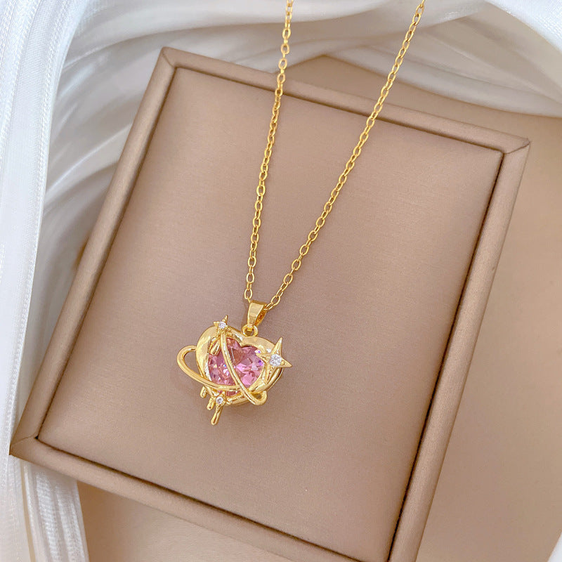 Minimalist Heart and Starburst Pendant Necklace in Titanium Steel with Rhinestones for Women Lightweight Clavicle Chain