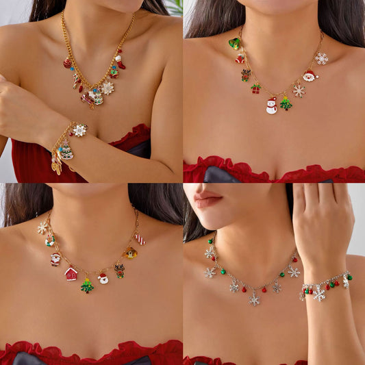 Collana casual in lega con placcatura a olio e ciondoli geometrici a forma di albero di Natale, fiocco di neve, renna e Babbo Natale per unisex
