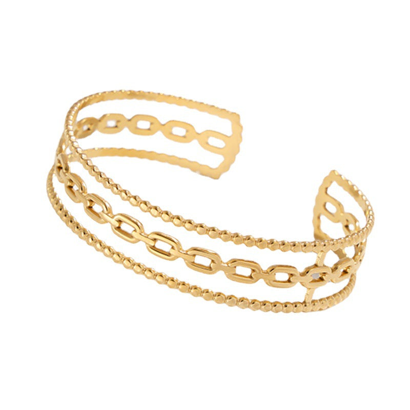 Bracciale da donna in acciaio al titanio con design geometrico minimalista, a forma di C, finitura placcata e dettaglio catena
