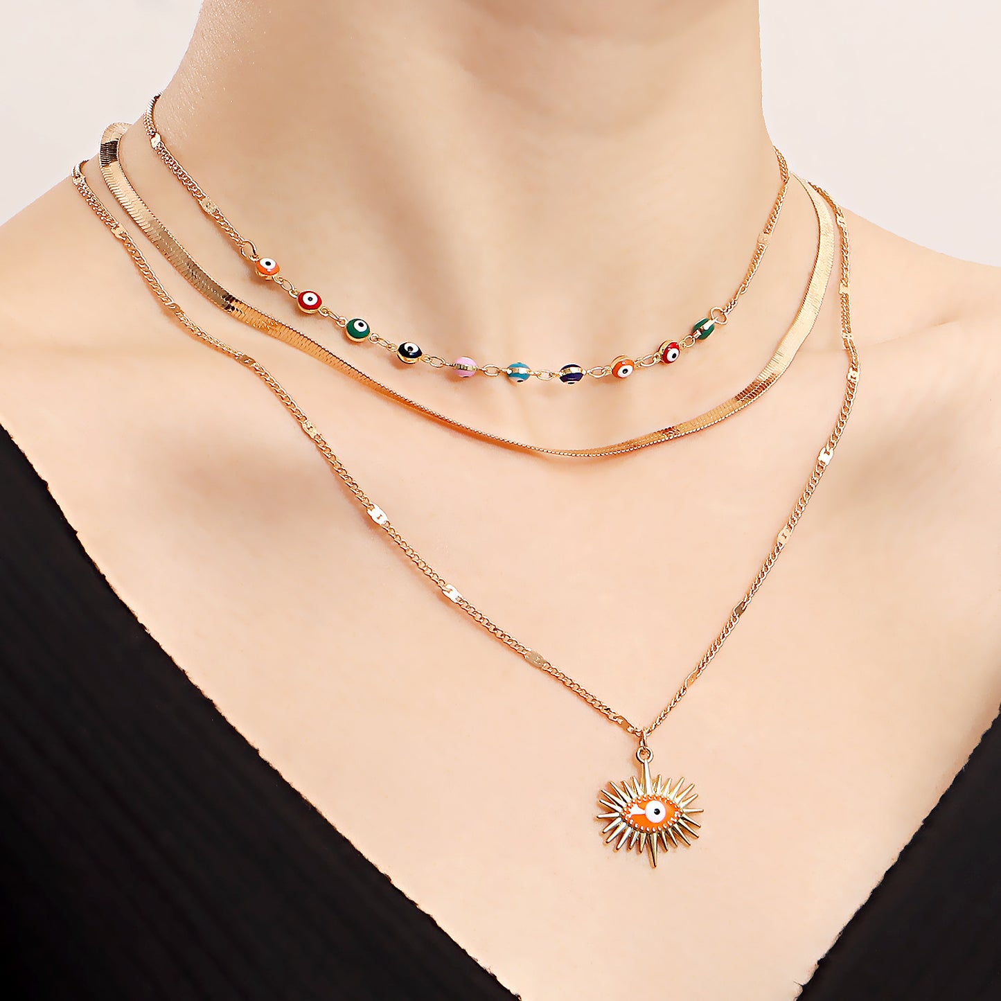 Geometric Demon Eye Pendant Necklace for Women Alloy Plated Multi-Layer Clavicle Chain