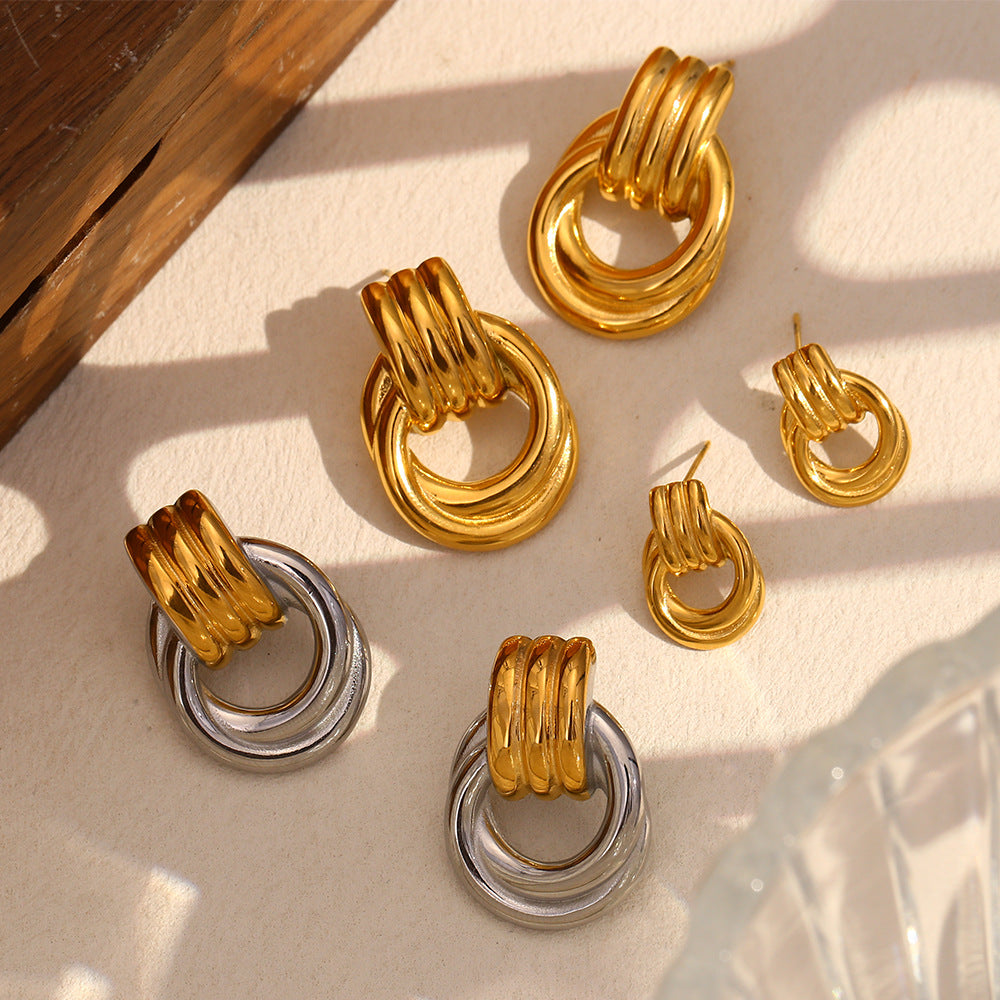 Minimalist Geometric Stainless Steel Earrings with 18K Gold Plating, Interlocking Dual-Tone Hoop Design for Women