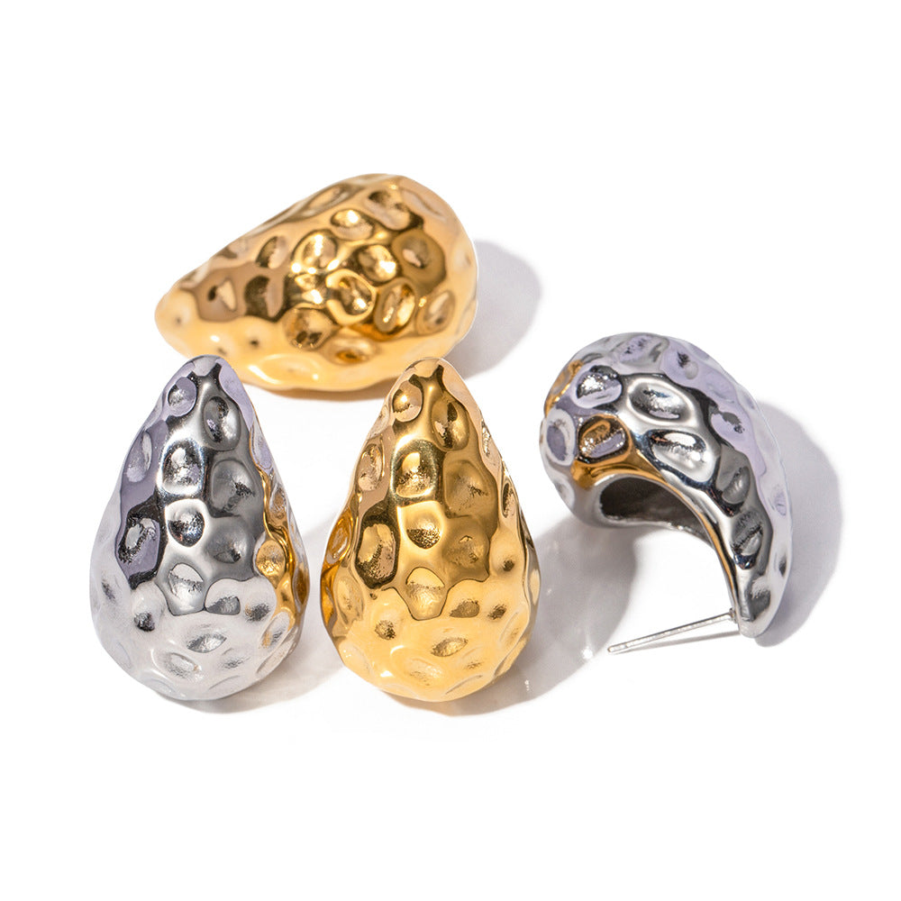 Minimalist Geometric Stainless Steel Earrings with 18K Gold Plating and Teardrop Hammered Texture for Women