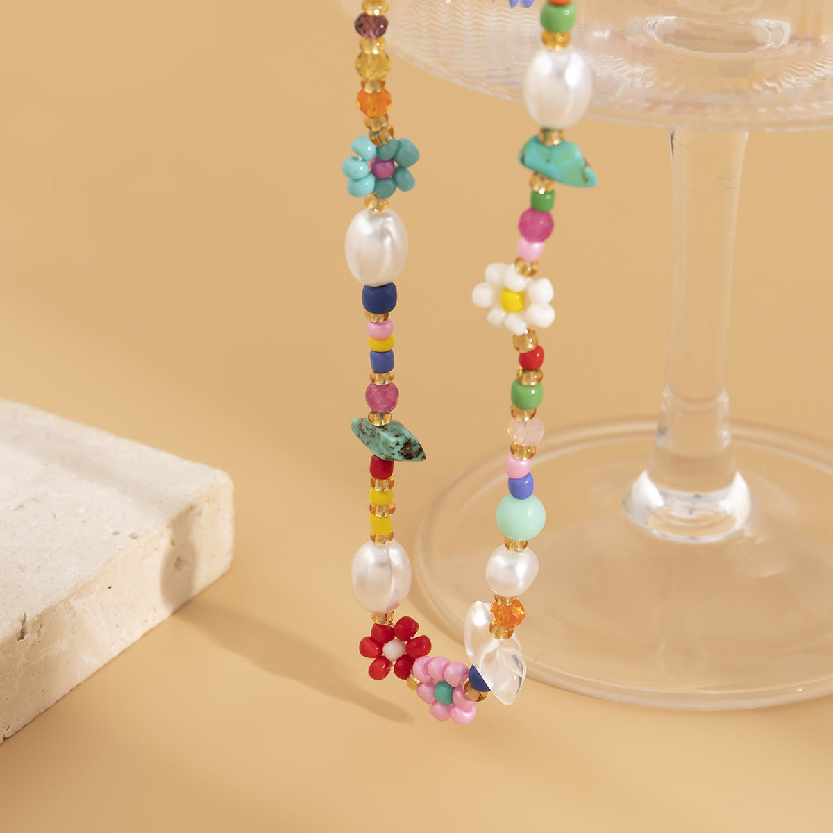 Vintage Sweet Floral Resin Turquoise Pearl Ball Chain Necklace for Women