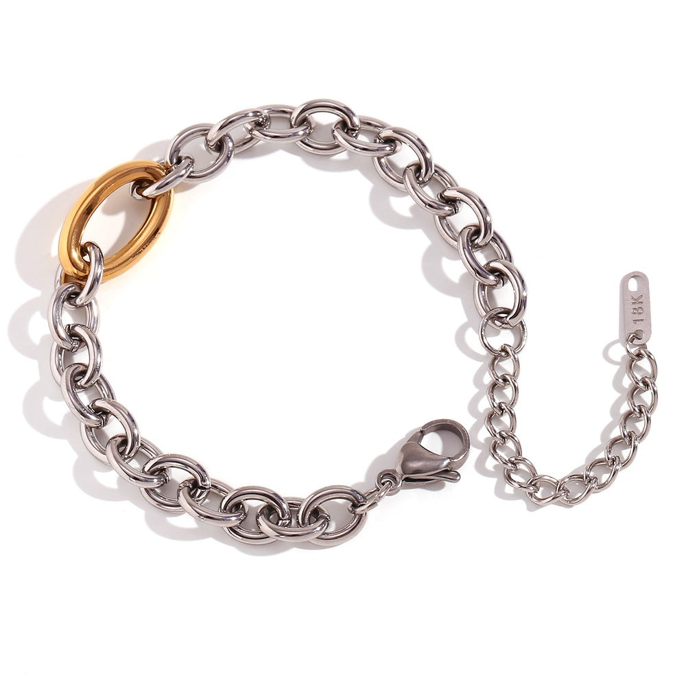 Minimalist Geometric Stainless Steel Necklace Set with 18K Gold Plated O-Chain and Matching Bracelet for Women