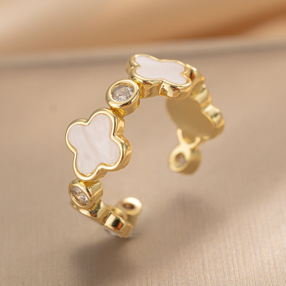 Luxury Minimalist Adjustable Open Ring for Women with Gold-Plated Copper Band and Zircon Stone Accent in Heart and Floral Shape