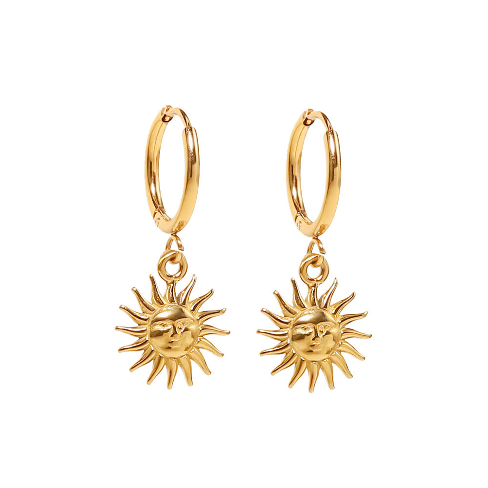 Orecchini da donna vintage in acciaio al titanio a forma di sole con placcatura in oro 18 carati e design geometrico