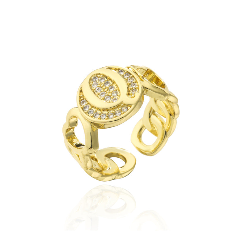 18K Gold Plated Brass Micro-Paved Cubic Zirconia Heart Letter Cuban Link Chain Open Ring for Women