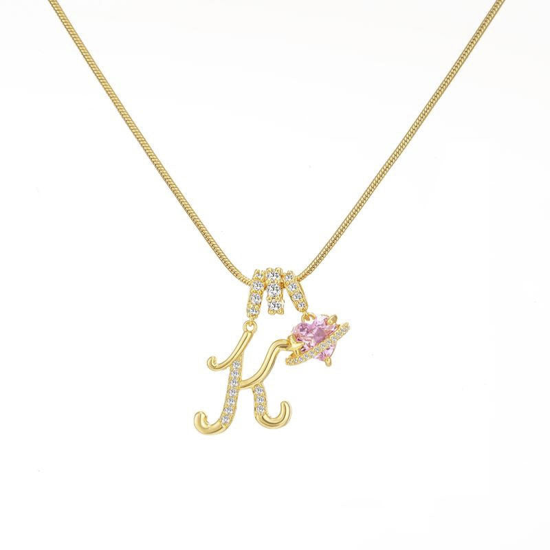 Sweet 22K Gold Plated Letter Titanium Steel Pendant Brass Cable Chain Necklace Unisex