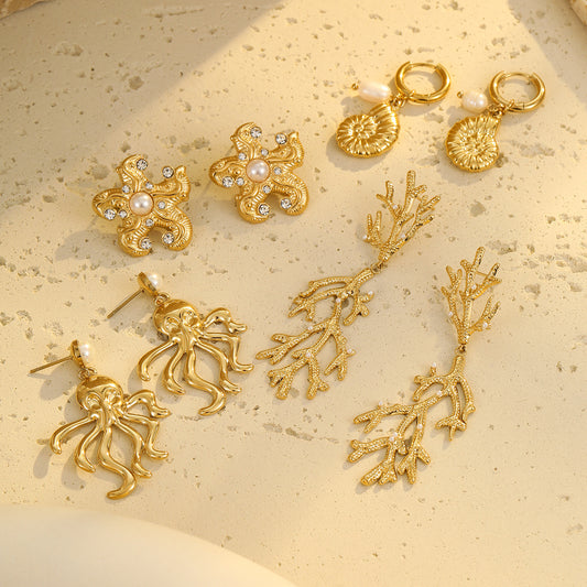 Pendientes de acero inoxidable de moda con forma de estrella de mar y coral con acabado chapado para mujer