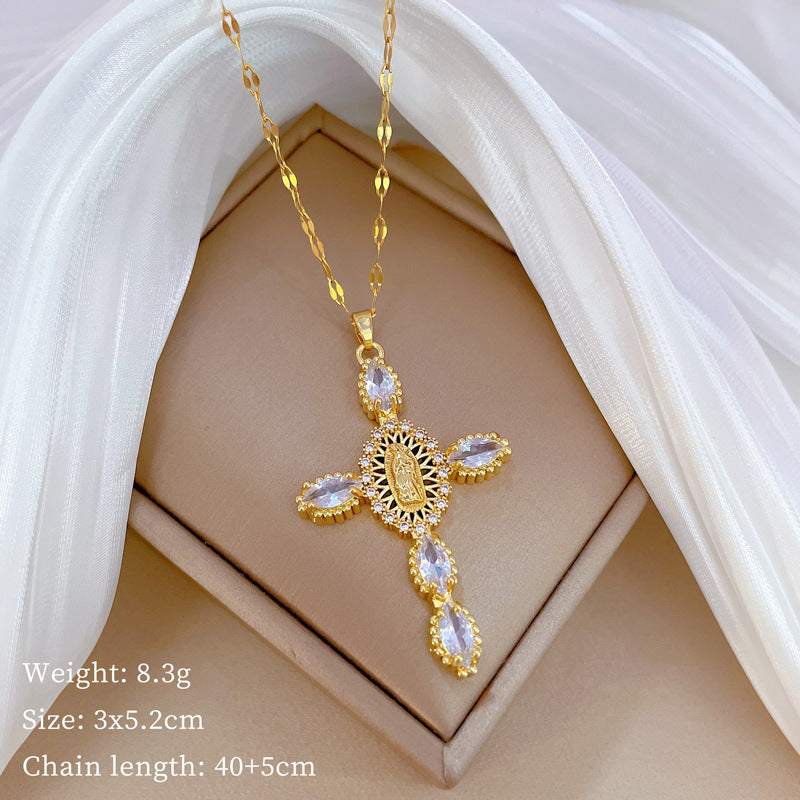 Luxury Minimalist Sweet Geometric Rhinestone Pendant Necklace for Women Titanium Steel O-Chain