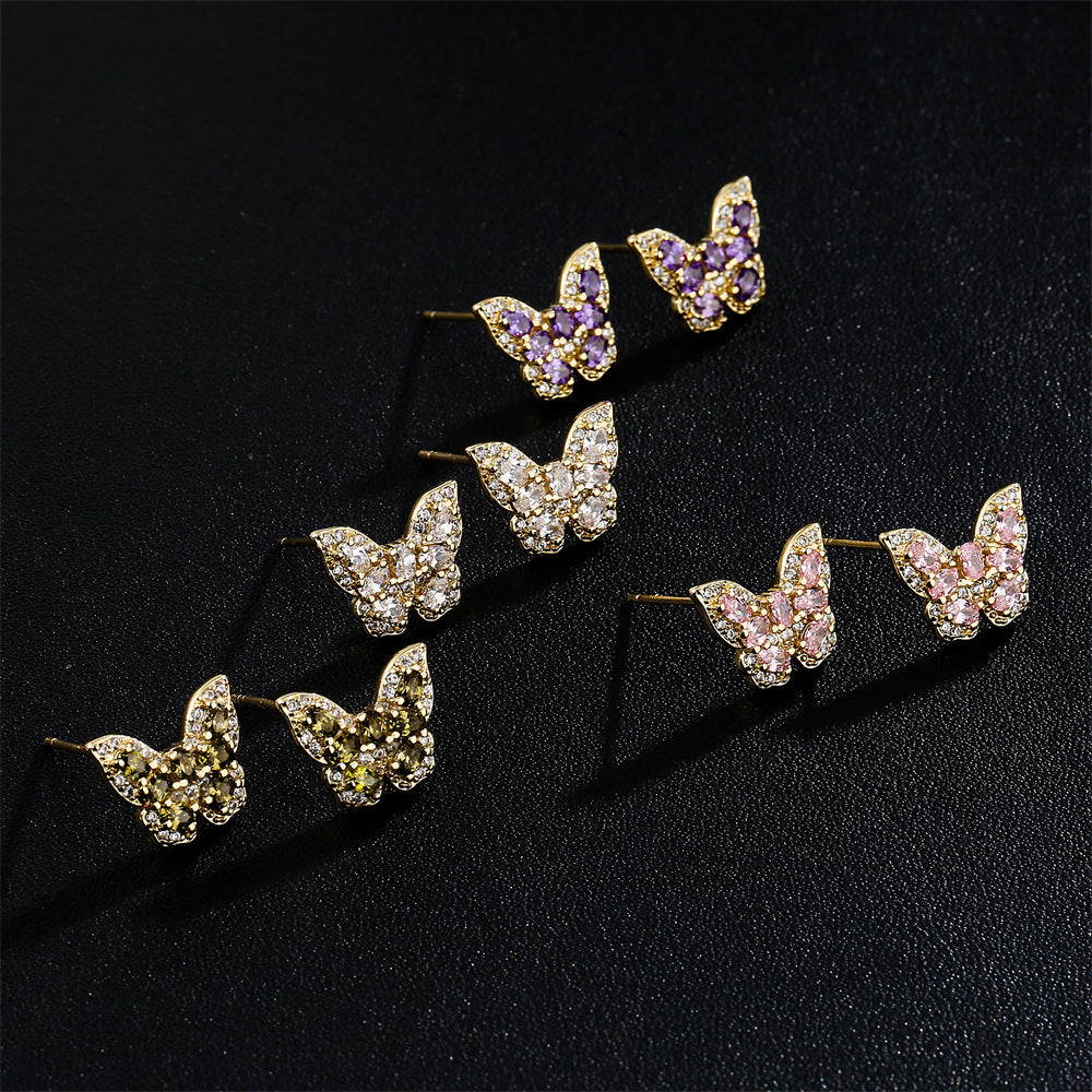 Butterfly-Shaped Copper Earrings with 18K Gold Plating and AAA Zirconia, Minimalist Modern Style Fashion Studs for Women