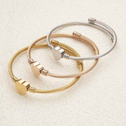 Adjustable Open Cuff Bracelet with Stainless Steel Wire and Letter or Heart Shape Polished Finish