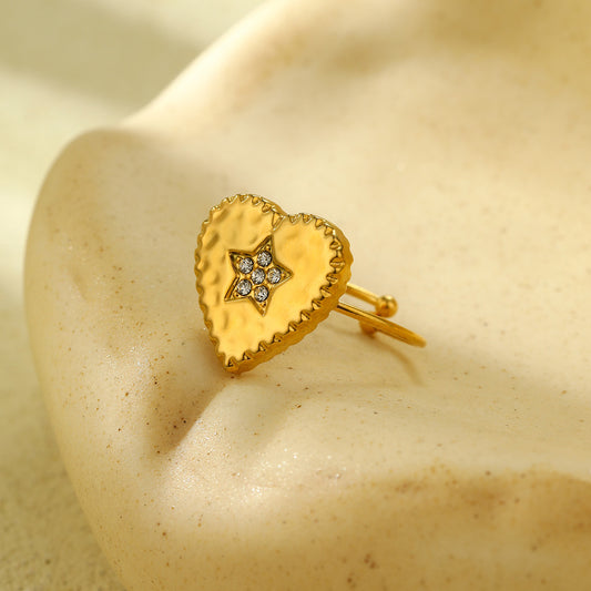 Luxury Style Heart-Shaped Rhinestone-Inlaid Adjustable Titanium Steel Ring for Women with Plated Finish
