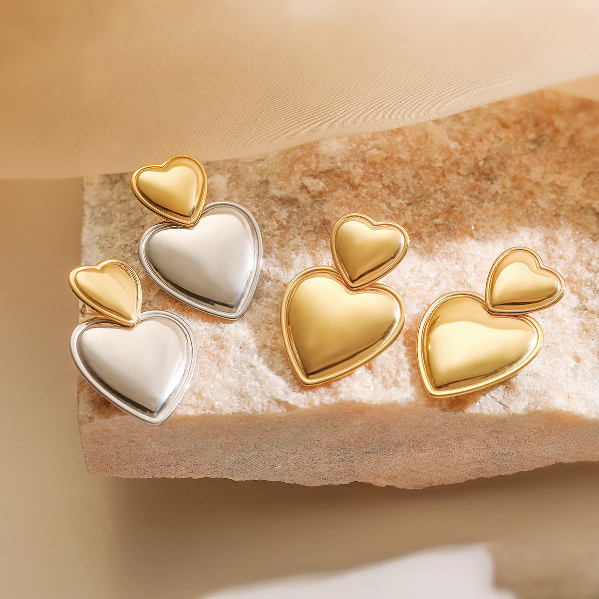 Minimalist Heart-Shaped Polished Stainless Steel Earrings for Women with Gold Plating