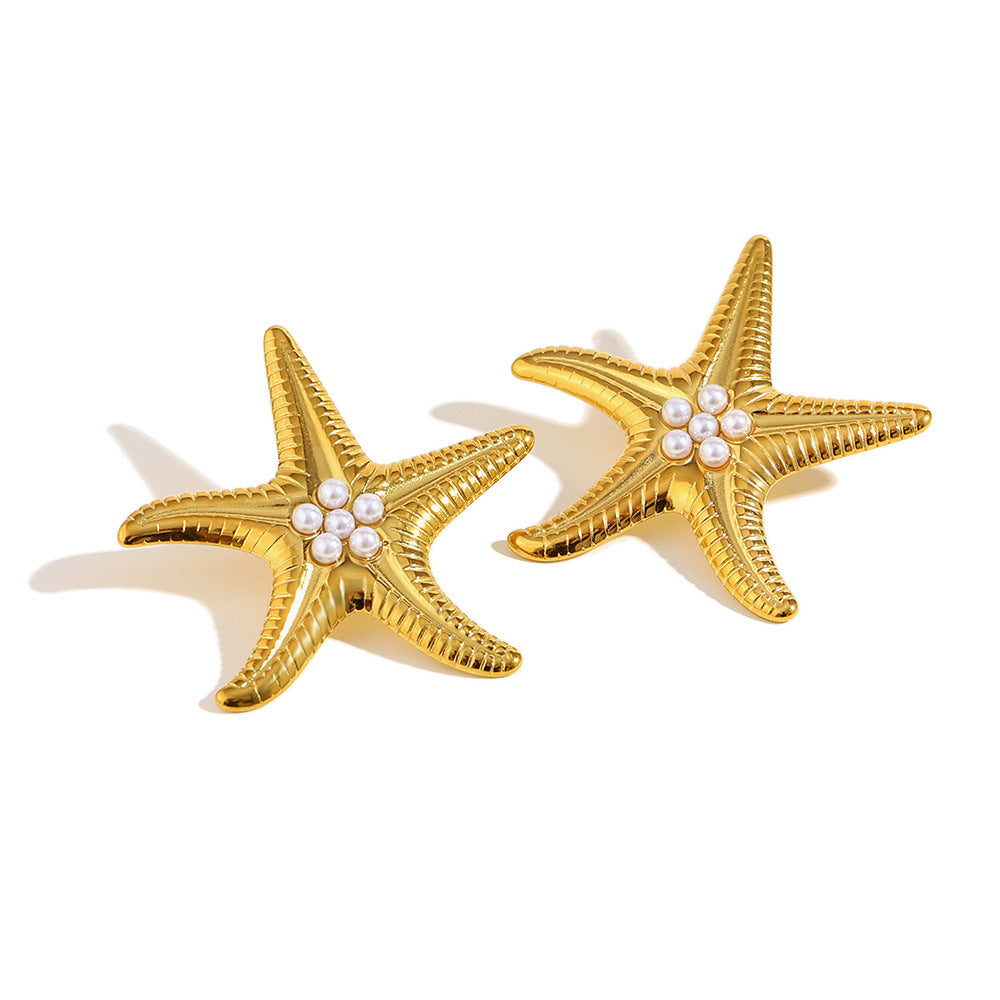 Orecchini retrò di lusso a forma di stella in acciaio inossidabile placcato oro 18 carati con perle simulate