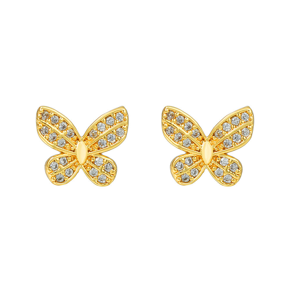 Minimalist 18K Gold Plated Brass Butterfly Stud Earrings with Cubic Zirconia