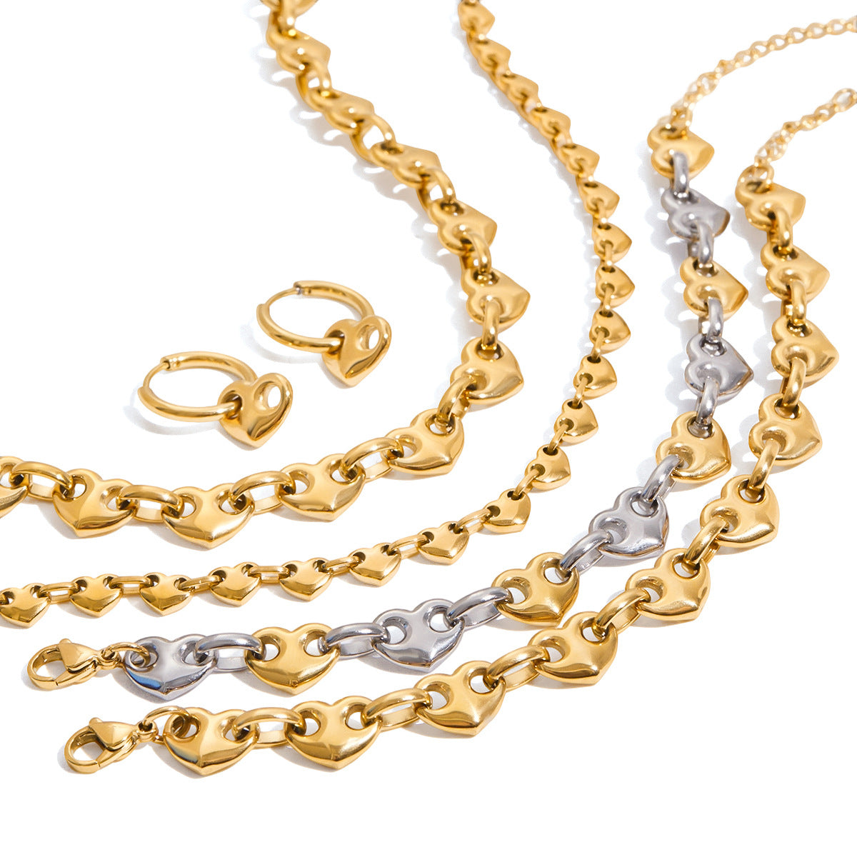 Set di bracciale in acciaio al titanio con chiusura a naso di maiale a forma di cuore chic e orecchini a cerchio in acciaio inossidabile per donna