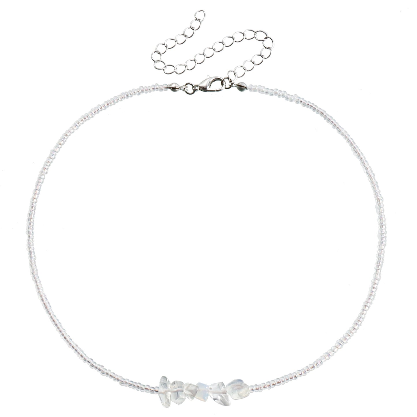Bohemian Geometric Beaded Necklace for Women with White Beads and Blue Crystal-Like Accents on Clavicle Chain