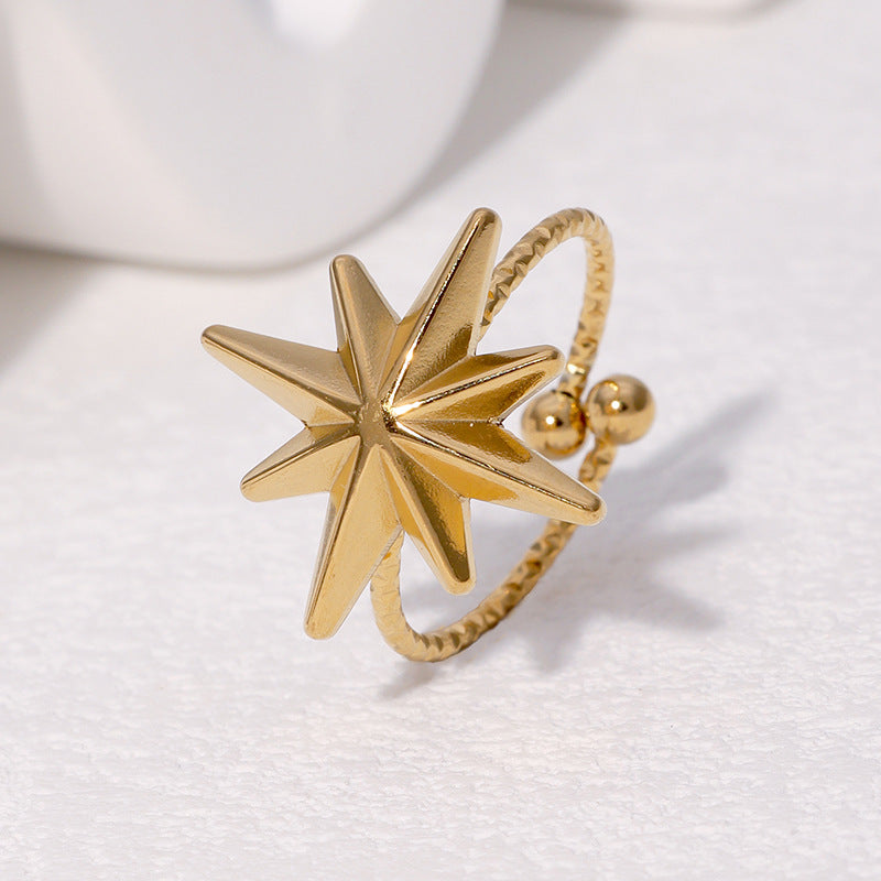 Anello Minimalista con Stella a Otto Punte in Acciaio Inossidabile da Donna con Finitura Placcata e Fascia Aperta Regolabile