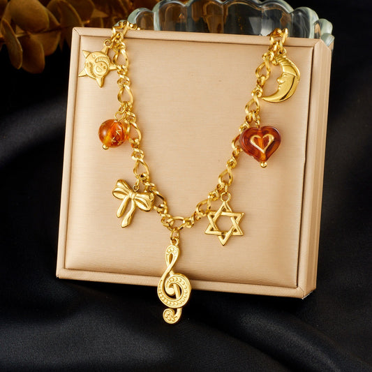 Vintage Gold Plated Stainless Steel Bow Star Moon Note Charm Bar Necklace for Women