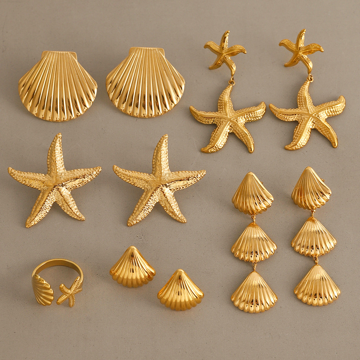 Orecchini da donna in acciaio inossidabile placcato oro 18K con stelle marine e conchiglie, alla moda