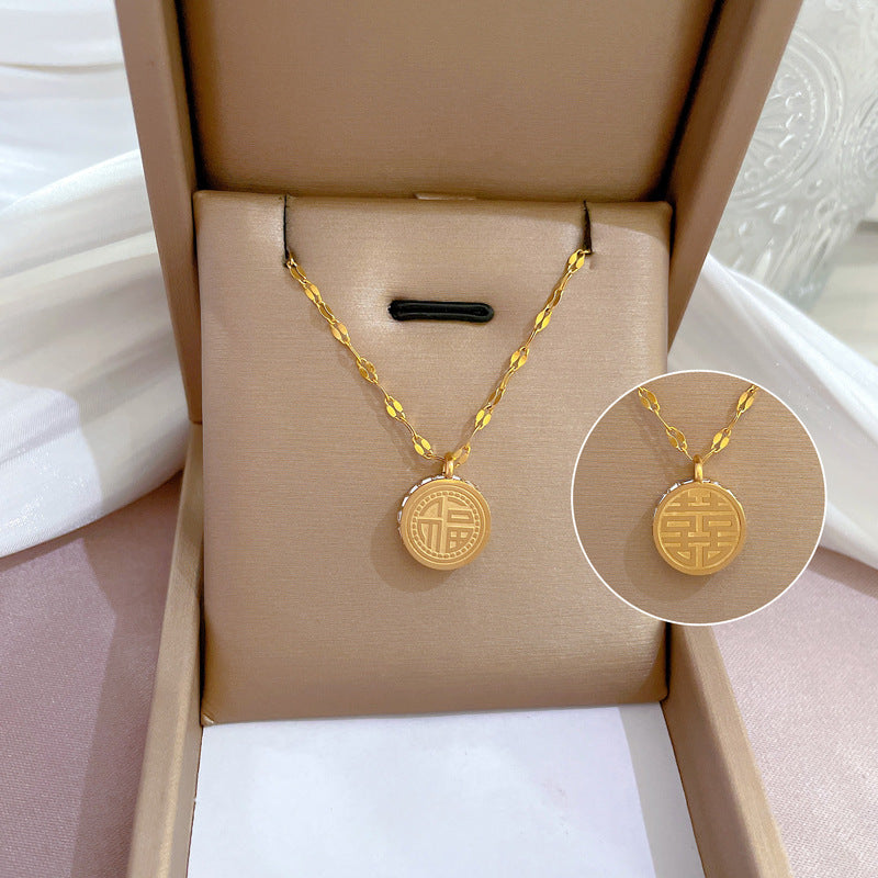 Titanium Steel Gold-Plated Double-Sided Feng Shui Pendant Necklace with Rhinestone Inlay for Women Locket Style Clavicle Chain