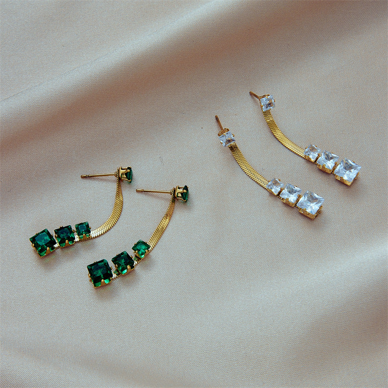 Orecchini a Catena a Lama Geometrica Minimalista Quadrati con Strass Verdi Trasparenti in Acciaio al Titanio con Finitura Placcata