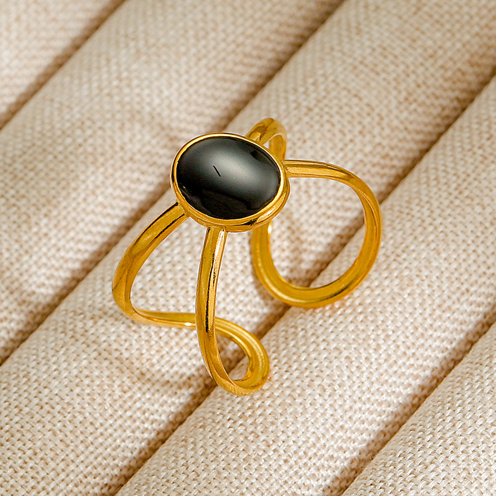 Vintage INS Style Stainless Steel Adjustable Ring with Natural Stone Inlay in Geometric Heart Zodiac and Animal Shapes