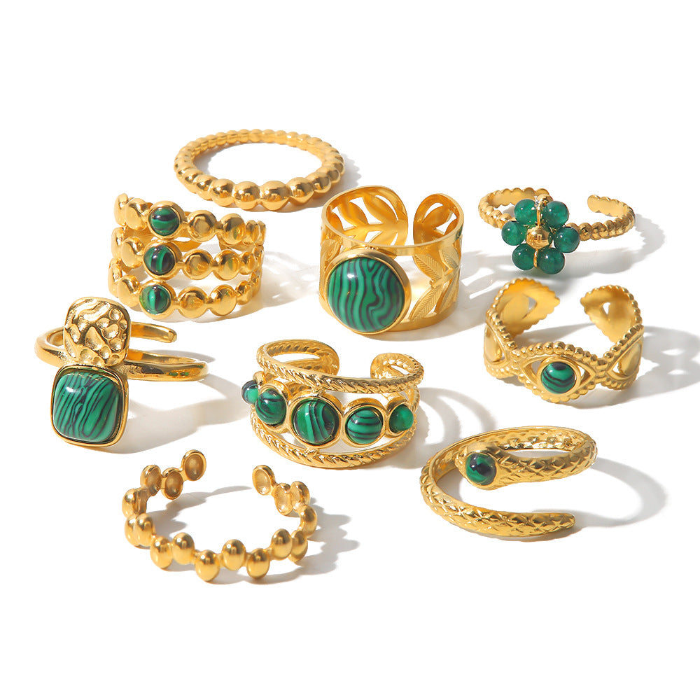 Vintage Minimalist 18K Gold Plated Green Natural Stone Open Ring for Women