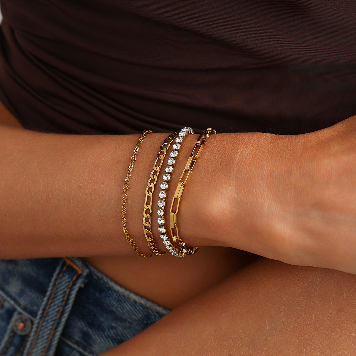 Elegant Rhinestone Inlaid Geometric Oval Stainless Steel Plated Bracelet for Women