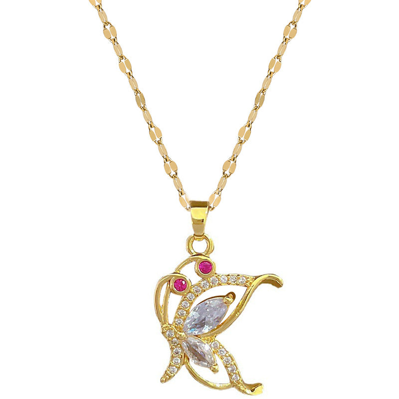 Minimalist Butterfly Pendant Necklace for Women in Titanium Steel with Rhinestone Inlay and Plated Finish, Delicate Clavicle Chain