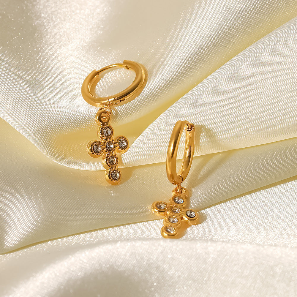 Pendientes de titanio con diseño geométrico de estilo francés con colgante de cruz chapado en oro de 18 quilates para mujer