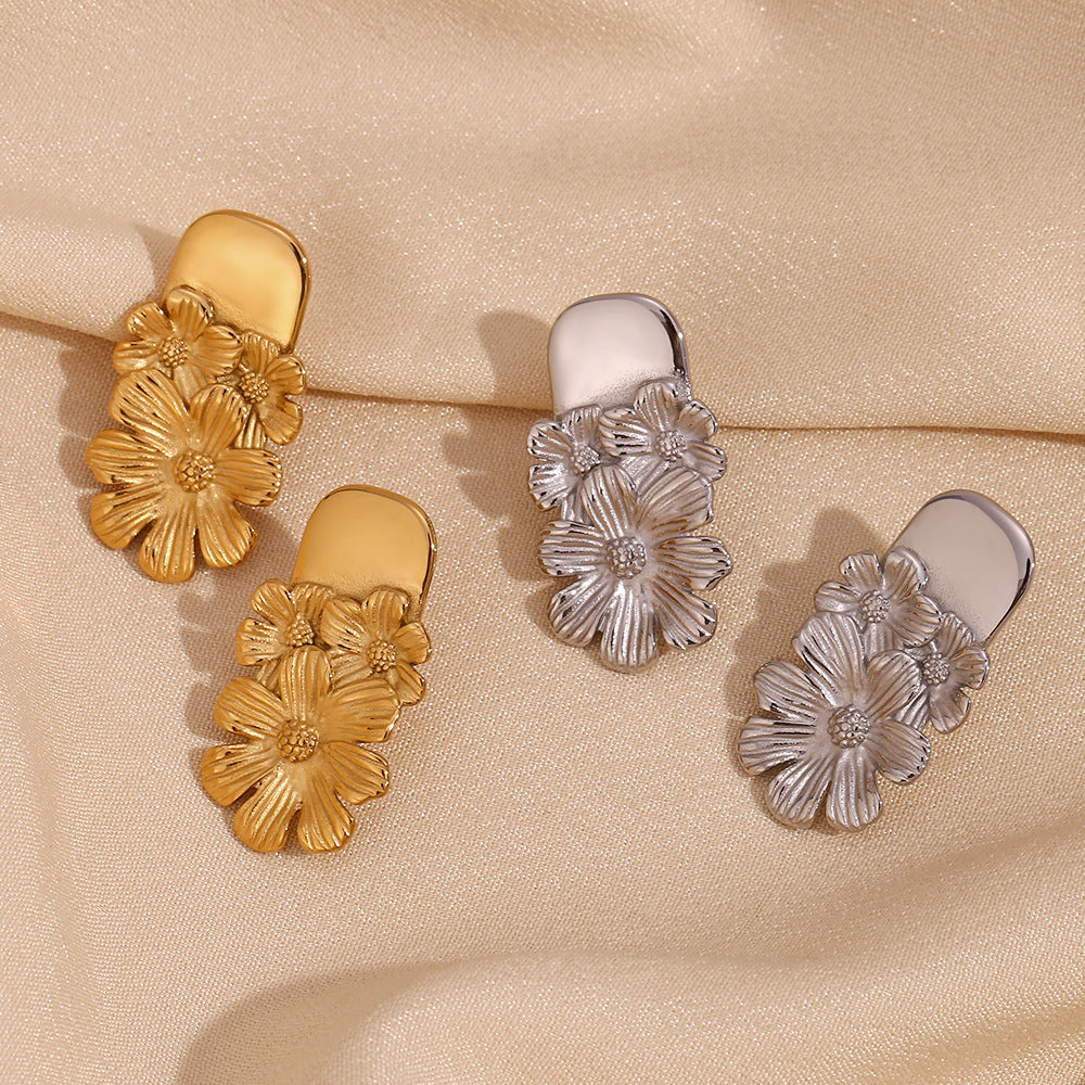 Vintage Floral Style Geometric Stainless Steel Earrings with 18K Gold Plating for Women